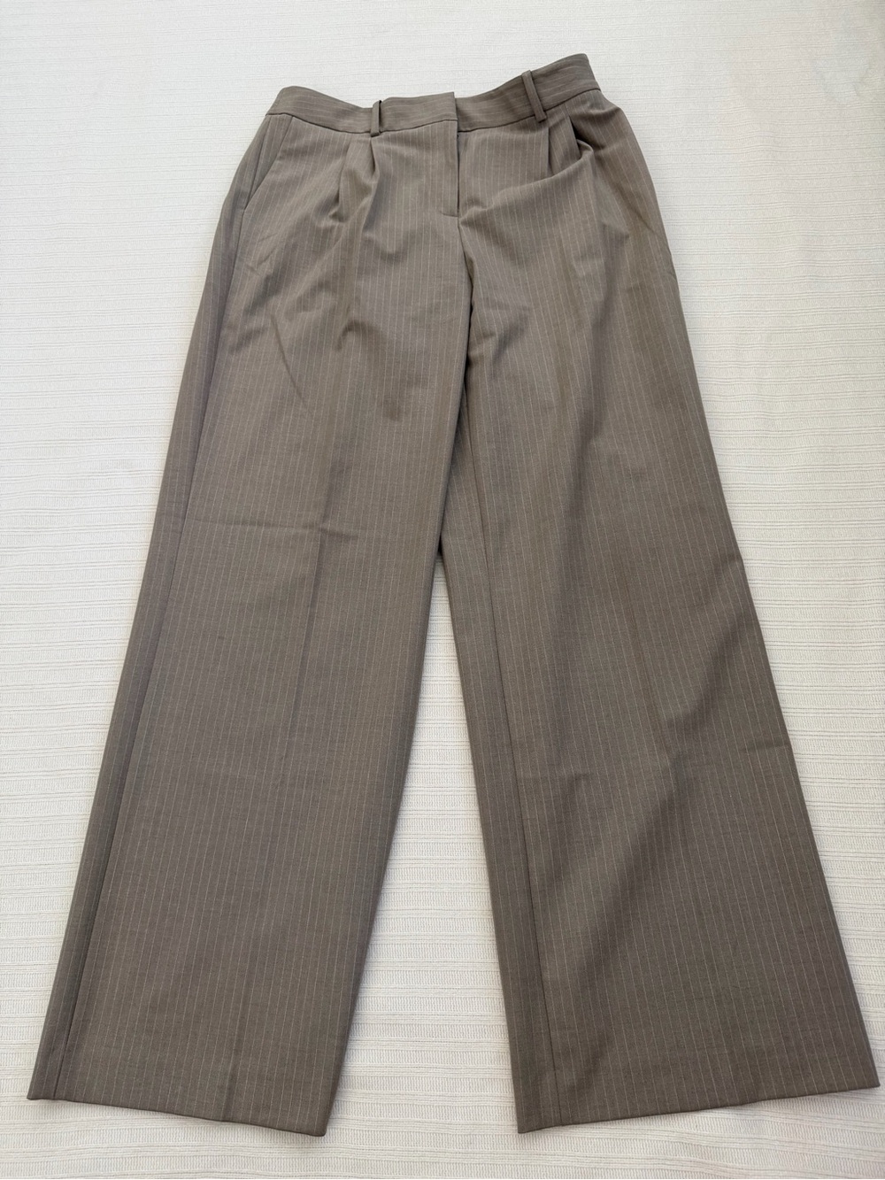 Calvin Klein Wide Leg Pinstripe Pleated Dress Pants Taupe Brown Size 10 BeS1